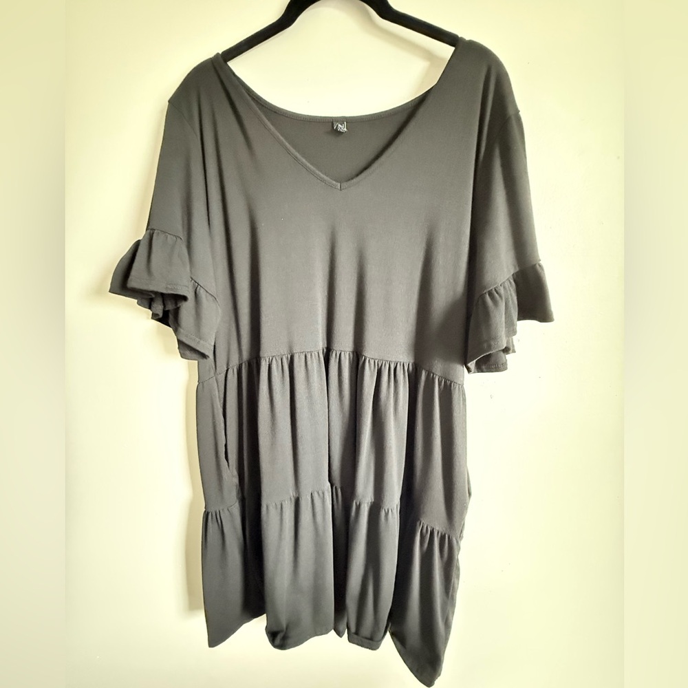 2XL Black Ruffle T-Shirt Dress with Pockets